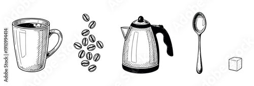 Hand-drawn set of coffee making items including a mug, beans, electric kettle, spoon, and sugar cube in a vintage ink sketch style