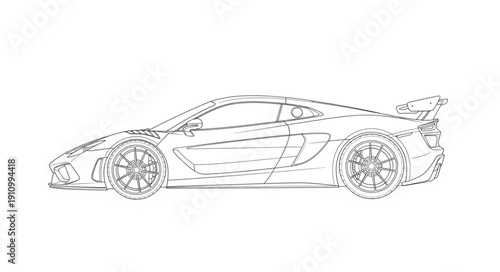 Detailed Line Drawing of Sports Car.