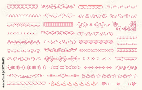 Hand drawn coquette aesthetic decorative elements set, pink lace borders, dainty ribbons, floral dividers and hearts for wedding invitation and romantic scrapbooking