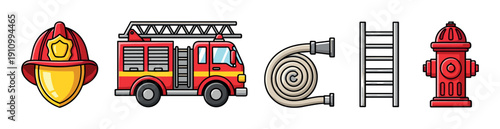 Firefighter equipment and vehicle icon set featuring a red helmet, fire engine, coiled hose, ladder, and hydrant in a simple cartoon illustration style