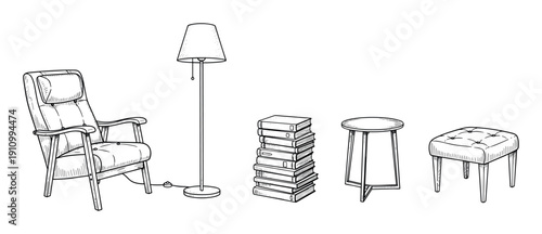Hand drawn furniture set with a cozy armchair, floor lamp, stack of books, side table, and ottoman in a black and white sketch illustration style for interior design concepts