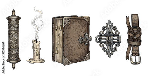Set of vintage fantasy adventure items including an old book with a lock, a scroll case, a candle, a metal latch, and a leather belt, drawn in a detailed comic style