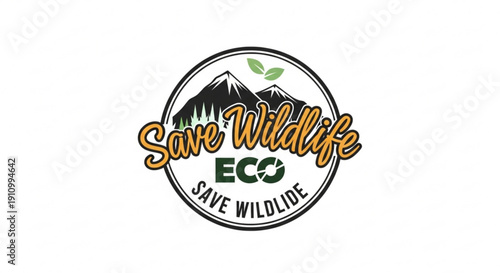 Eco friendly save wildlife logo with mountains and green leaves