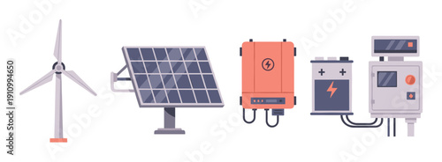 Renewable energy equipment set with a wind turbine, solar panel, inverter, battery, and control box for alternative power generation, presented in a flat vector illustration style