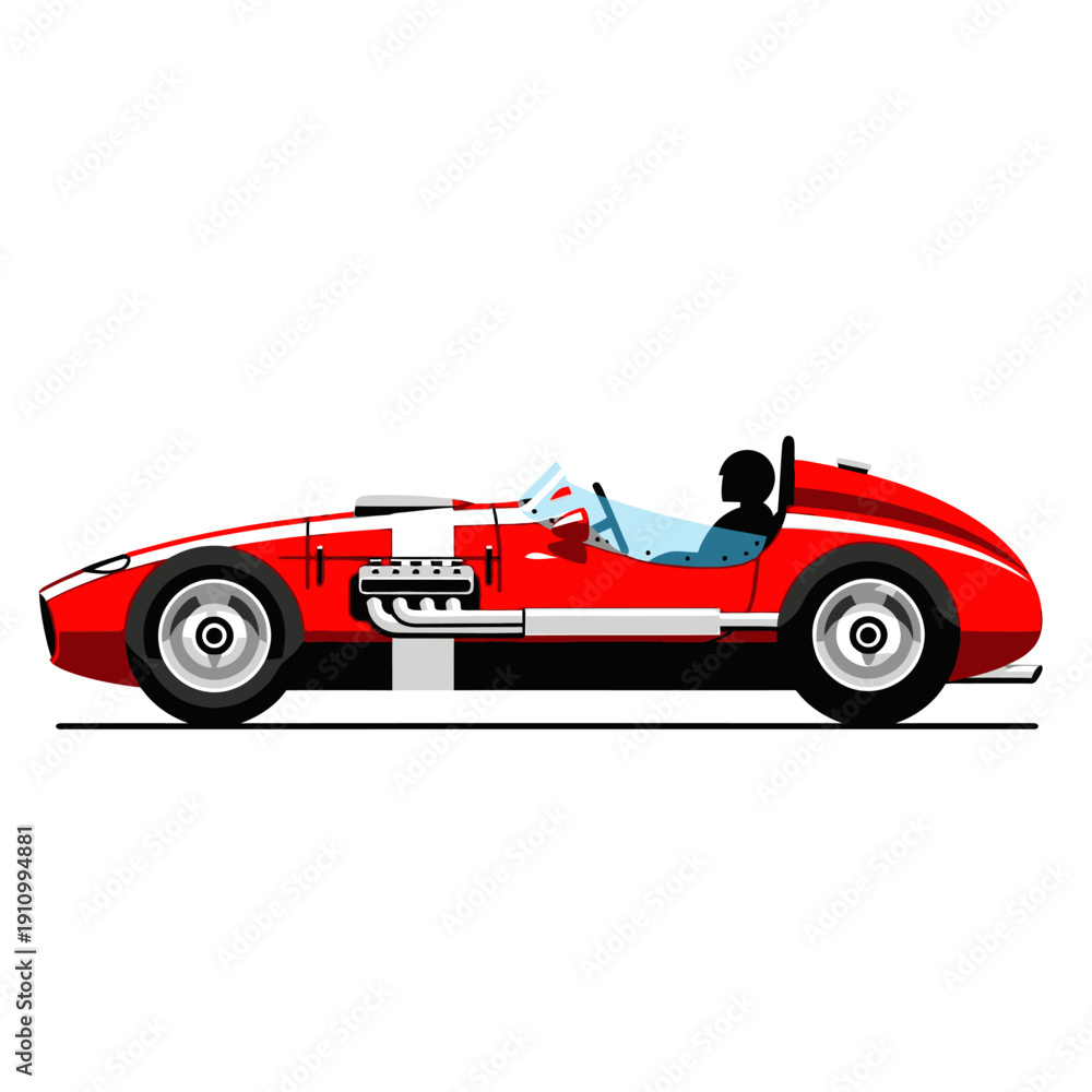 Fototapeta premium Vintage Red Race Car with Exposed Engine and Driver