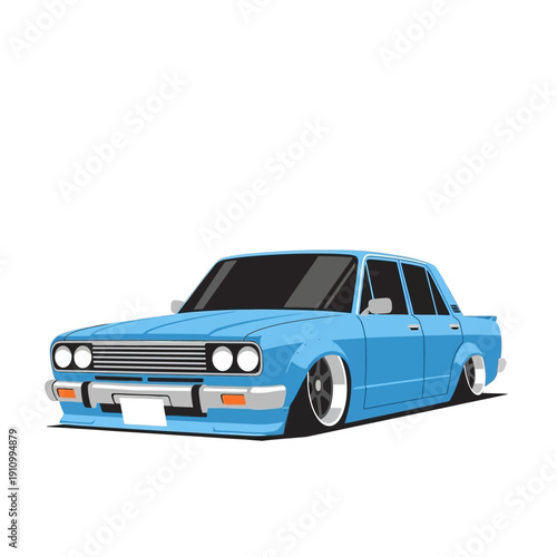 Blue vintage sedan car, slammed, low profile tires, classic automobile, retro style