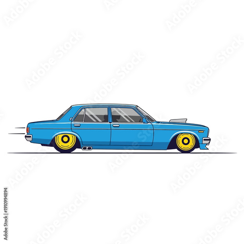 Blue custom lowrider car with yellow wheels, side view, cartoon style, motion blur