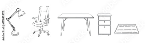 Office furniture and equipment collection with a desk, ergonomic chair, lamp, filing cabinet, and floor mat in a minimalist black and white line art illustration style