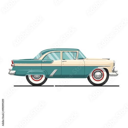 Vintage Teal and Cream Sedan Car, Classic American Automobile from the 1950s