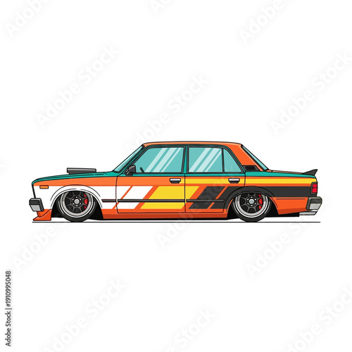 Customized Retro Sedan Car, Lowrider Style, Vibrant Colors, Graphic Illustration