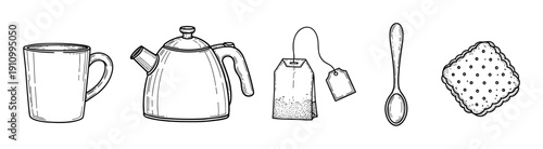 Hand-drawn black and white illustration set of tea time items including a mug, teapot, teabag, spoon, and biscuit in a vintage engraving sketch style for a cozy beverage concept