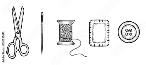 Hand-drawn sewing and craft equipment set with scissors, needle, thread spool, fabric patch, and a button in a black and white vintage engraving illustration style