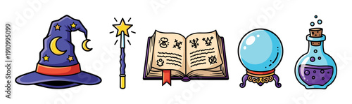 Colorful cartoon set of magical items including a wizard hat, magic wand, spellbook, crystal ball, and potion bottle, drawn in a simple, playful illustration style