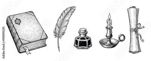 Vintage writing and knowledge symbols including a book, feather pen, inkwell, candle, and parchment scroll, drawn in a classic black and white woodcut illustration style