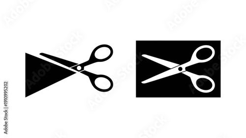 Two black silhouette scissor icons actively engaged in cutting, one through a triangular shape and the other a rectangular area.