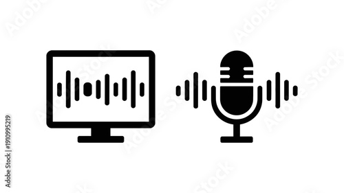 A solid black monitor displaying an audio waveform next to a solid microphone icon with radiating sound waves, illustrating sound recording and processing.