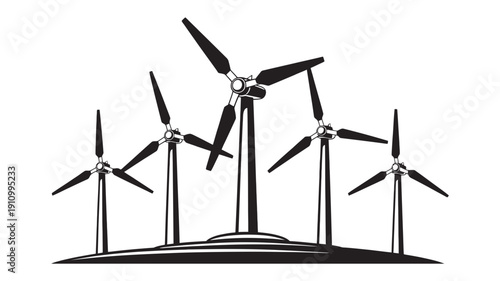 A group of five black silhouette wind turbines standing tall on a subtly depicted hill, generating clean renewable energy.
