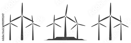 Three distinct groups of black silhouette wind turbines, each showcasing a small cluster