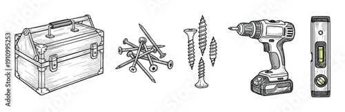 Hand-drawn set of carpentry tools including a toolbox, nails, screws, a cordless drill, and a spirit level in a detailed black and white sketch illustration style for DIY projects
