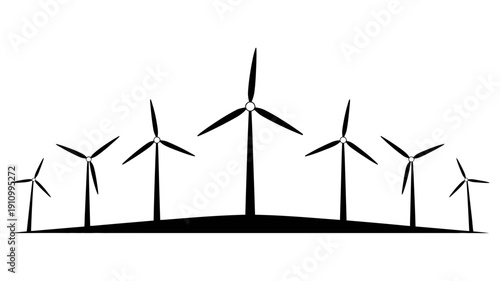 A panoramic view of seven black silhouette wind turbines uniformly arranged on a gently curved landscape, symbolizing vast renewable energy production.