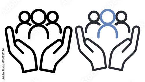 Two sets of outlined hands holding three outlined people, with one individual highlighted in blue, representing leadership or focus.