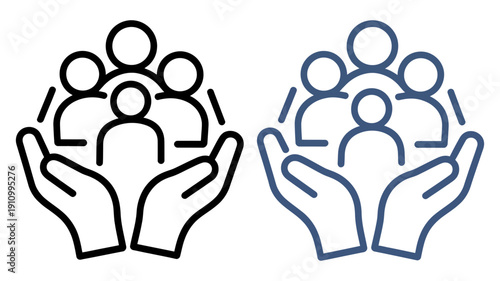Two pairs of outlined hands supporting a group of outlined people, symbolizing collective care and social responsibility.