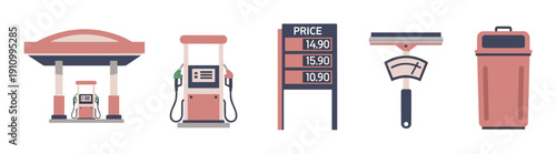 Set of gas station service icons including a fuel pump, price sign, window squeegee, and trash can, illustrated in a modern flat design with a muted color palette