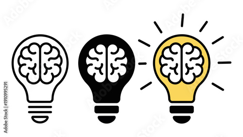 Three lightbulb icons containing a brain, illustrating stages of idea generation, from concept to bright innovation.