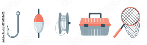 Fishing equipment and tackle collection featuring a hook, float, spool of line, storage box, and landing net in a simple, clean graphic illustration style