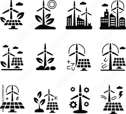Set of Sustainable Green Energy Icons Featuring Wind Turbines Solar Panels and Eco Friendly Urban Infrastructure for Renewable Technology Concepts