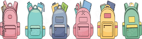 Colorful school backpacks collection with stationery supplies modern student bags flat vector illustration set