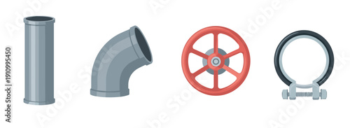Set of plumbing parts and fittings including a straight pipe, an elbow connector, a red valve wheel, and a metal clamp, shown as a collection of industrial vector icons