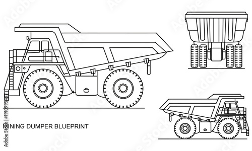 Mining dumper truck blueprint technical drawing with three views  side front and back isolated on transparent background