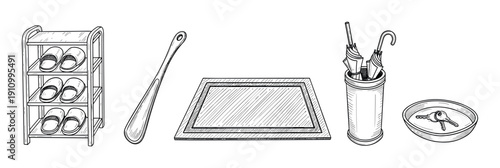 Set of hand-drawn entryway objects including a shoe rack with slippers, a shoehorn, a doormat, an umbrella stand, and a key tray in a clean sketch style