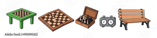 Cartoon set of chess equipment including a table, board, pieces in a box, a clock, and a park bench for outdoor recreation and strategic board games