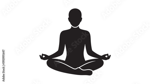 Black Vector Illustration Of Woman Meditating In Lotus Position For Yoga And Wellness Concept