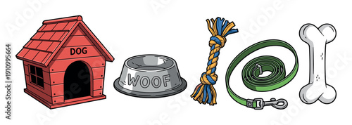 Collection of colorful dog accessories including a red doghouse, a metal bowl, a rope toy, a green leash, and a white bone in a cartoon illustration style