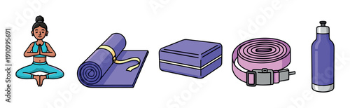 Set of colorful yoga equipment illustrations including a woman in lotus pose, a mat, a block, a strap, and a water bottle for wellness and fitness concepts