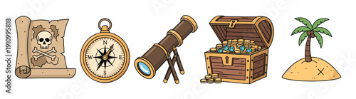 Set of cartoon pirate adventure icons including a skull and crossbones map, a golden compass, a spyglass, an open treasure chest full of gold, and a small desert island