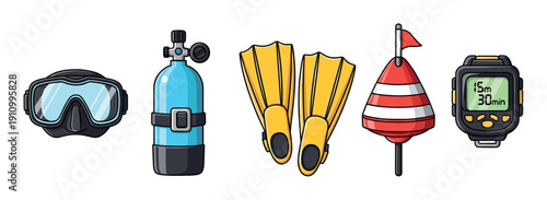 Colorful set of scuba diving equipment including a mask, oxygen tank, yellow flippers, a surface marker buoy, and a dive computer in a cartoon illustration style