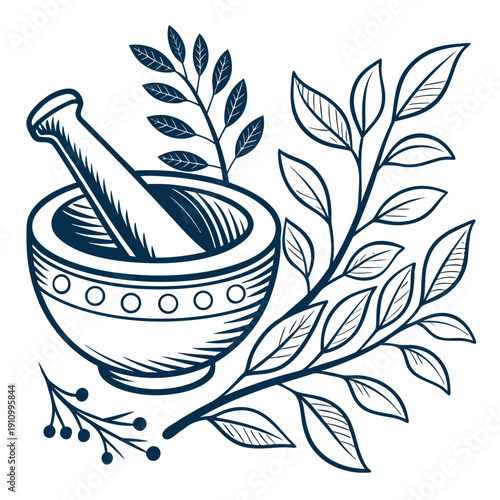 AdoHerbal Bowl Multiple Style Icon Design Vector - mortar and pestle with leaves, representing herbal medicine or natural remediesstrator Artworkbe Illustrator Artwork