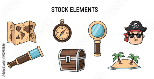 Set of colorful pirate adventure icons featuring a treasure map, compass, wooden chest, spyglass, magnifying glass, tropical island, and a buccaneer character head