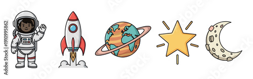 Set of cute cartoon space icons featuring a waving astronaut, launching rocket, ringed planet, shining star, and crescent moon in a simple hand-drawn doodle illustration style