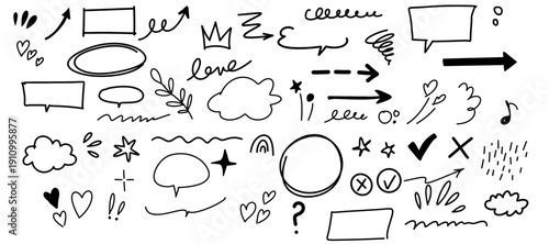 Hand drawn doodle love and music elements vector illustration set