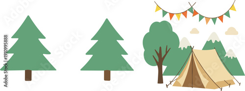 Camping landscape elements flat vector illustration featuring pine trees mountains tent and festive bunting outdoor adventure set
