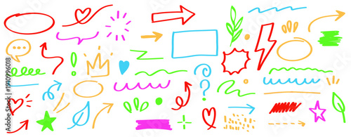 Hand drawn doodle icons set with hearts arrows stars and plants vector illustration