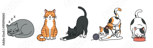 Set of five cute cartoon cats in different poses showing various daily activities like sleeping, sitting, stretching, playing with yarn, and eating from a bowl in a charming doodle style
