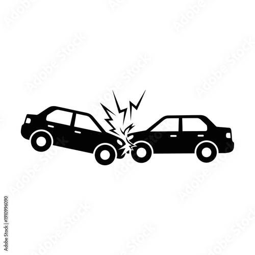 Two cars colliding in a frontal crash icon, symbolizing a car accident and vehicle damage on an isolated white background.