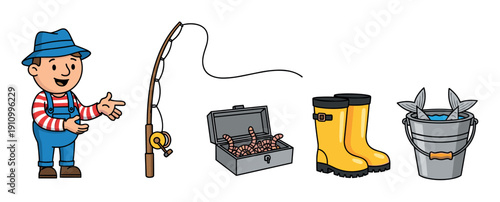 Collection of cartoon fishing equipment icons including a friendly fisherman, rod, bait box with worms, yellow boots, and a bucket with a fresh catch of fish
