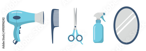 Set of blue hairdressing tools including a hairdryer, comb, scissors, spray bottle, and mirror in a flat vector illustration style for a beauty salon or barber shop concept